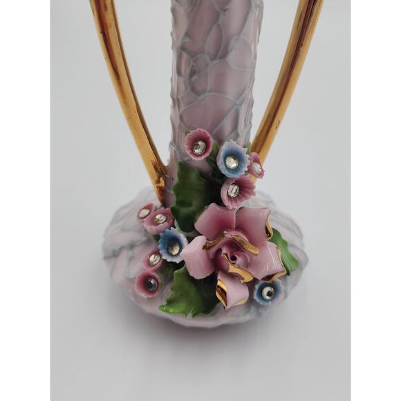 VTG Japanese Pink Floral Vase adorned with pink and blue flowers guilded handles - Picture 3 of 8